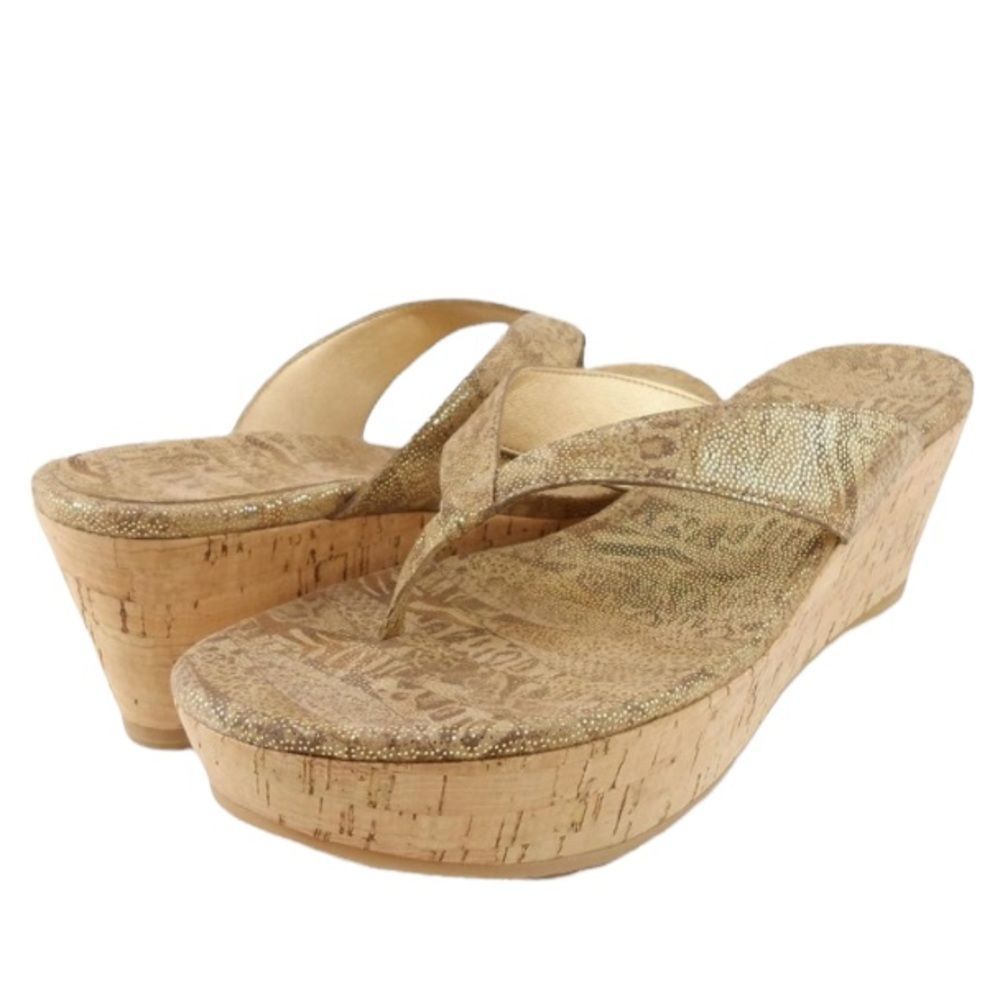 Stuart Weitzman Tan Nairobi Clasp Patch Leather Cork Wedge Sandals